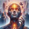 Inteligență artificială cu aspect uman meditând asupra conceptelor etice.
